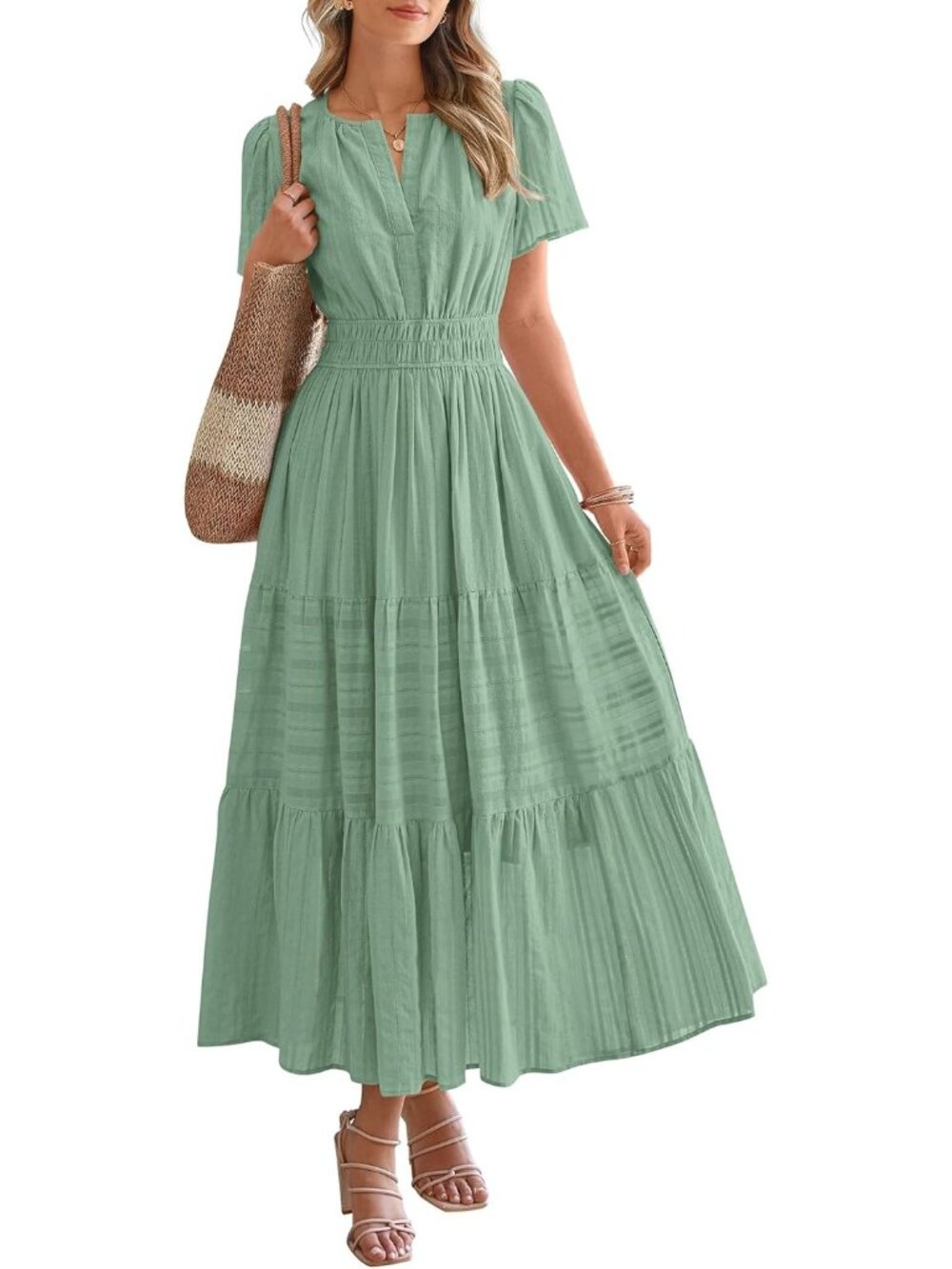 Women Sage Green 100%cotton V Neck Elastic Waist Boho Beach Casual MIDI Dresses